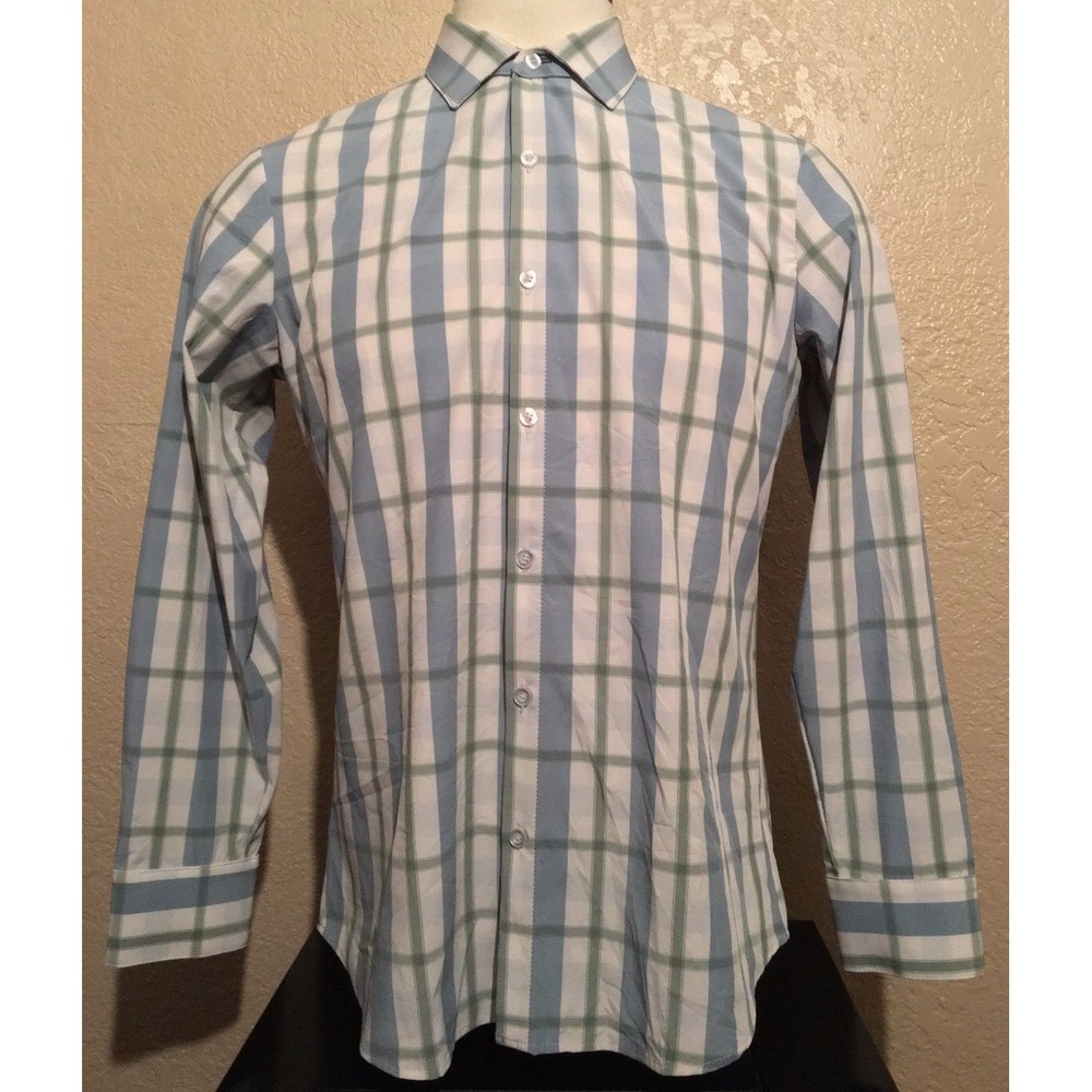 Mizzen + Main Men's Size Medium Trim Fit Blue Green Plaid Long Sleeve Shirt M